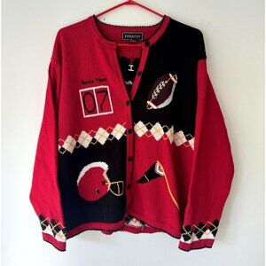 90s vintage red novelty football argyle print embroidered knit cardigan large XL